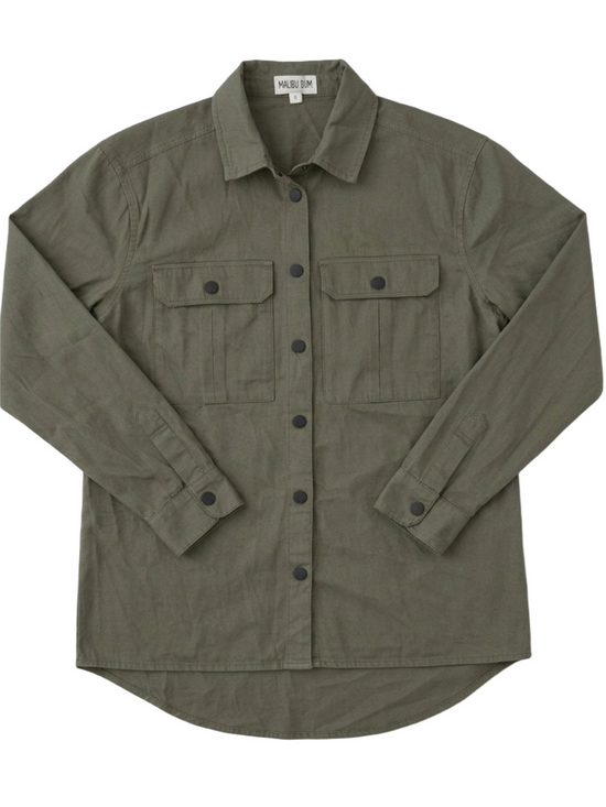 Malibu Bum Tops - Malibu Bum Army Green Shacket Button-Up Utility Layering Top Small